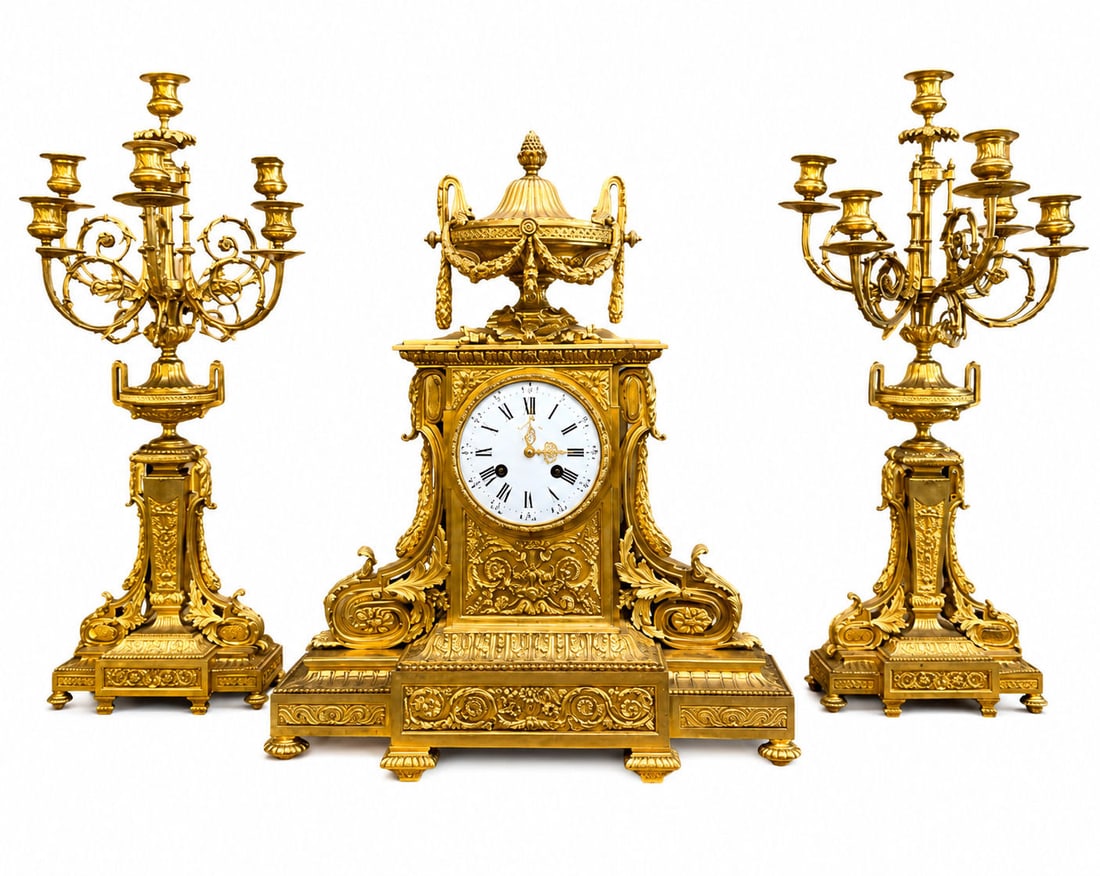 French 19th Century Ormulu Garniture Mantel Clock Set (1 of 17)