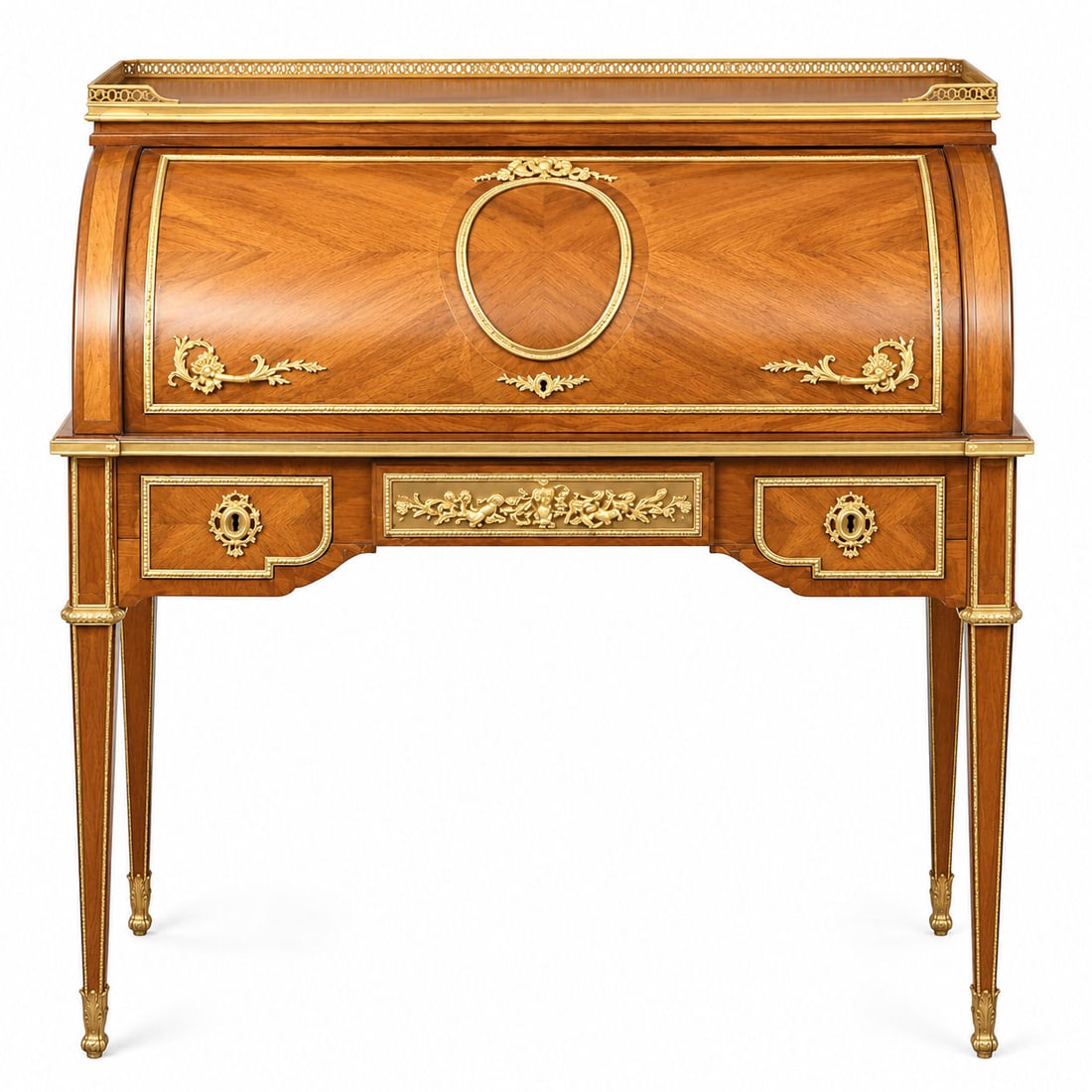 French Late 19th Century Ormolu Mounted Bureau Cylindre After 1874 Model by Jean-Henri Riesener: A French late 19th century ormolu-mounted, amaranth, mahogany, sycamore, marquetry and parquetry bureau cylindre, after the 1784 model by Jean-Henri Riesener (1734 - 1806) Measure 43 3/4"in H x 44 1/4