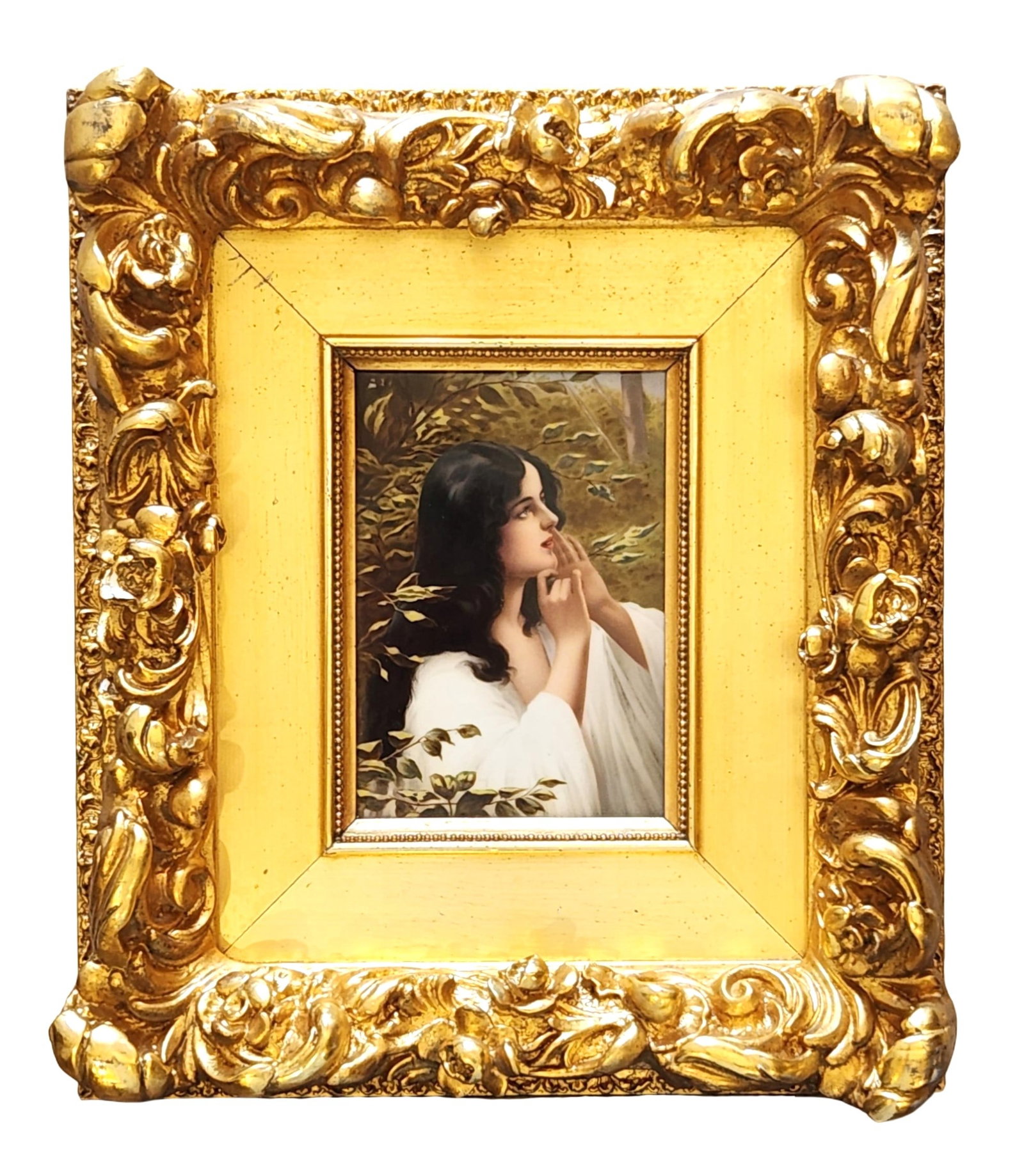 Antique Hand Painted Porcelain KPM Style Plaque: Late 19th century, KPM style plaque with beautifully rendered image of Echo amongst trees with hands raised to mouth, good surface condition, ornate gesso frame with light damage, with photos of plaqu