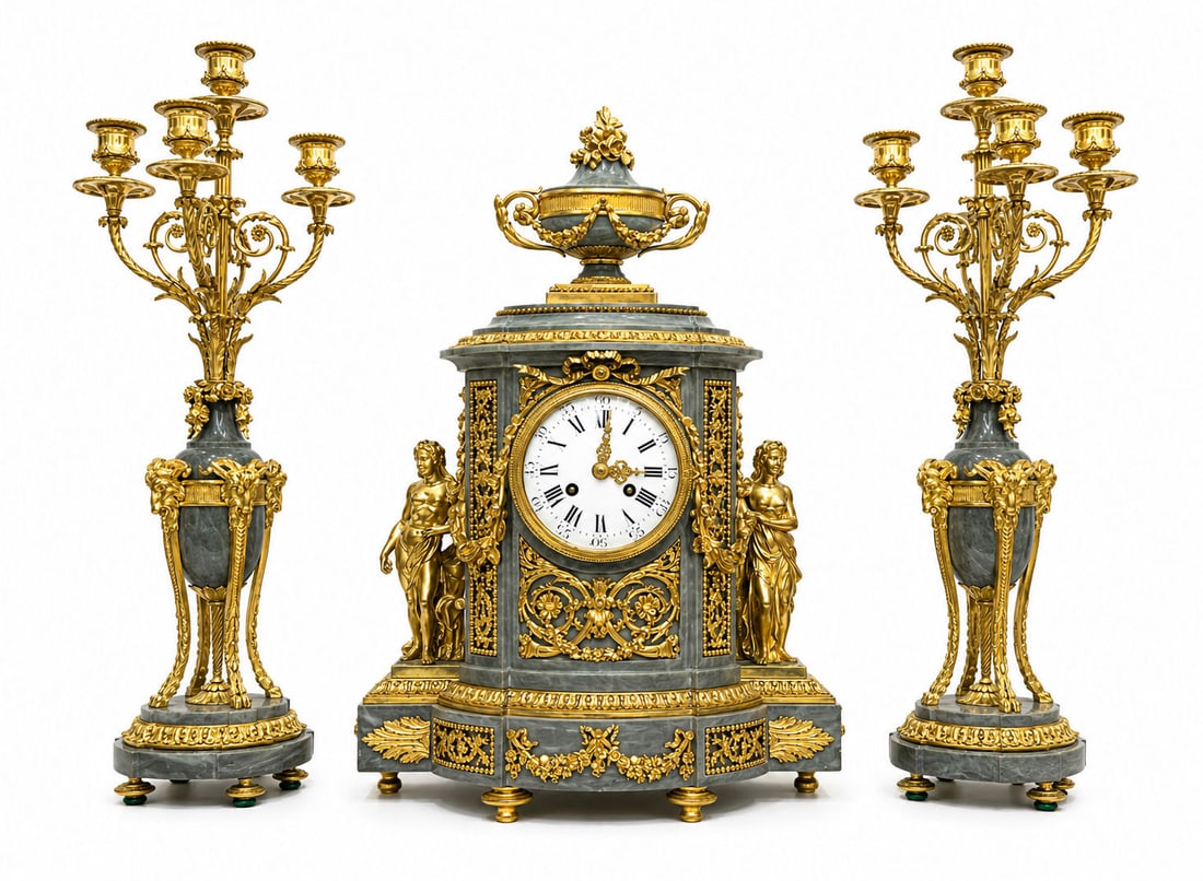 Louis XVI Style Gilt Bronze Mounted Blue Turquin Marble Three Piece Clock Garniture Paris Circa 1875 (1 of 18)