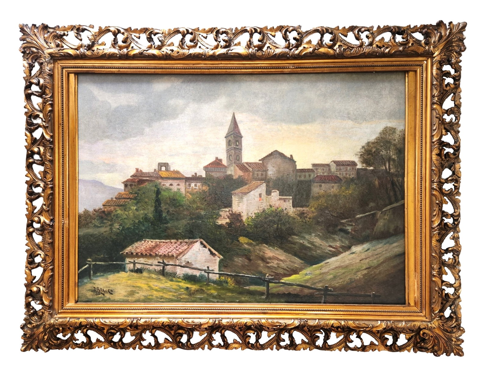 Antique Landscape Painting of Monte Amiata Signed R Blanco: Antique Landscape Painting of Monte Amiata Signed R Blanco Oil on Canvas Reinstated Measure 24"in H x 34 1/2"in W and 34 3/4"in H x 46"in W x 2"in D with frame