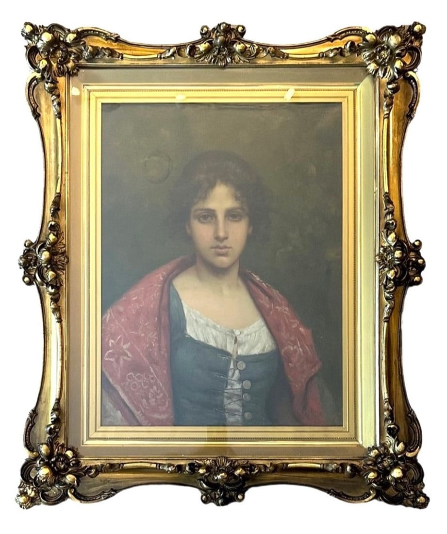O Vergani (19th/20th Century) Italy: O Vergani (19th/20th Century) Italy Title: Portrait of a Young Italian Woman Oil on Canvas Measure 25"in H x 19"in W and 37"in H x 30 1/2"in W x 4"in D with frame
