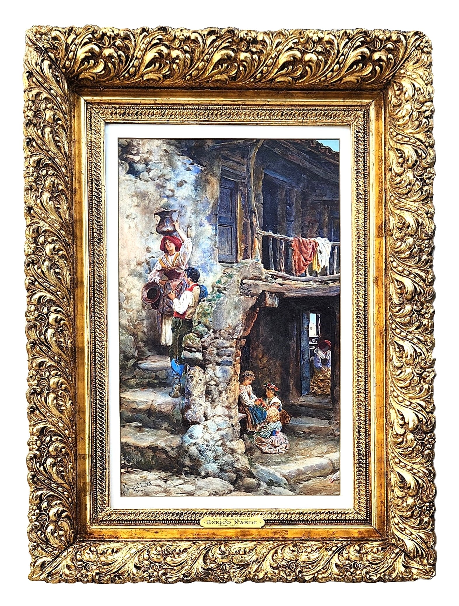 Enrico Nardi (1864 - 1947) Italy: Enrico Nardi (1864 - 1947) Italy Title: A Busy Afternoon Watercolor and Gouache on Paperboard Measure 21"in H x 14"in W " and 34 1/2"in H x 29 1/2"in W x 3 1/2"in D with frame Provenance: Private coll