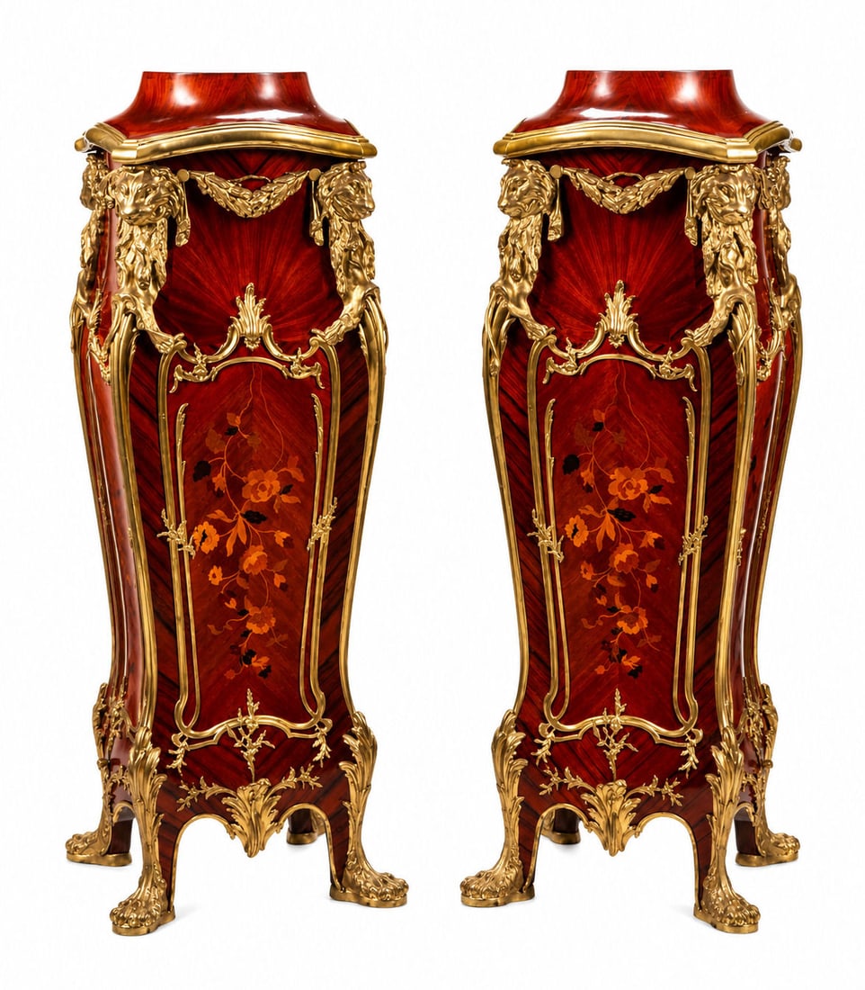 Pair of Louis XV Style Gilt Bronze Mounted Marquetry Pedestal (1 of 4)