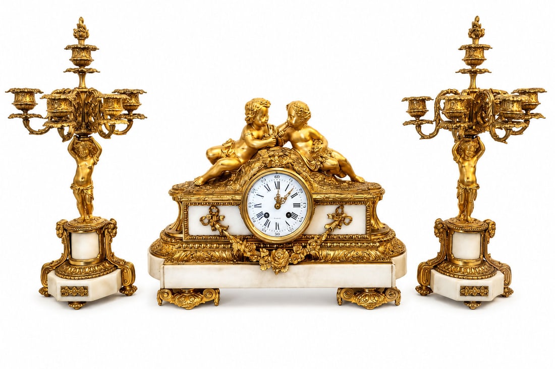 Antique French Louis XVI Style Gilt Bronze and Marble Clock Set (1 of 15)