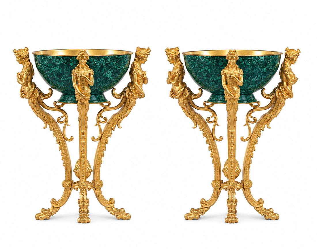 Pair of Empire Style Gilt Bronze and Malachite Figural Planters: Outstanding pair of Empire style planters featuring richly veined malachite bowls supported by finely cast gilt bronze tripod bases. Each base is adorned with classical female busts (caryatids), elabo