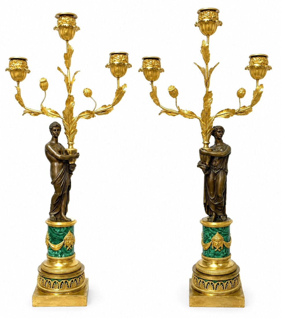 Pair of Directoire Malachite Ormolu and Patinated Bronze Three Light Candelabra (1 of 10)