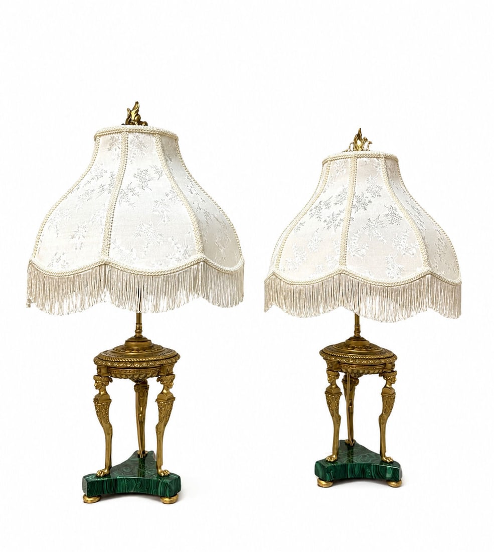 Pair of Bronze and Malachite Neoclassical Table Lamps with Fringe Shades (1 of 7)
