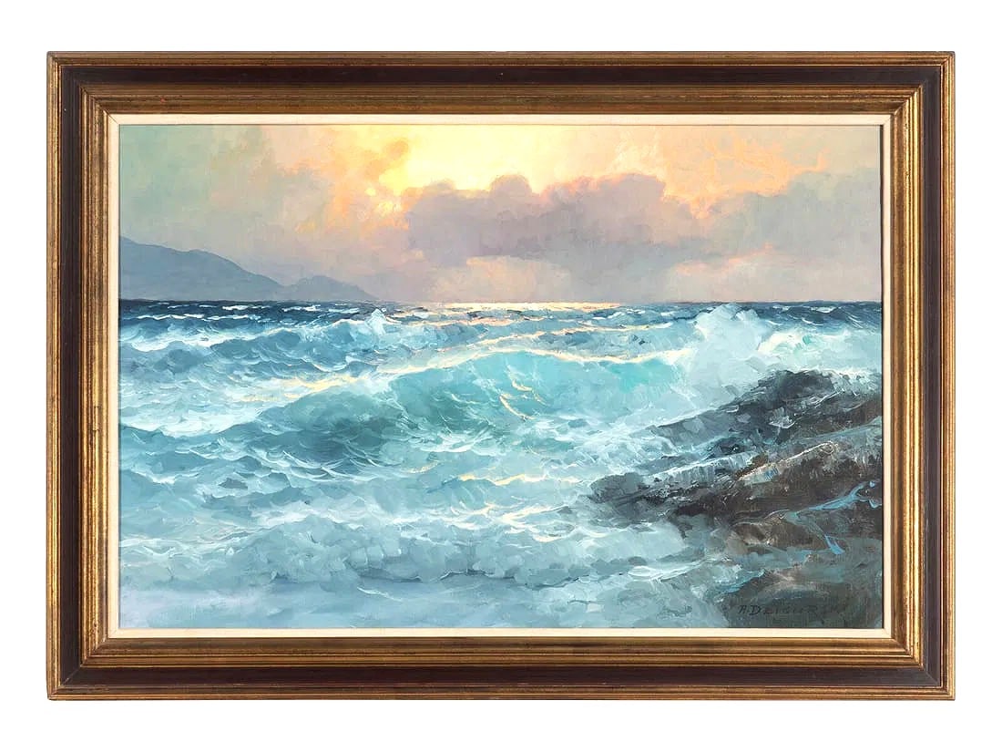 Alexander A. Dzigurski (1911 - 1995) American: Alexander A. Dzigurski (1911 - 1995) American Oil on Canvas easure 24"in H x 36"in W and 30 1/2"in H x 42 1/2"in W with frame Known for: Seascape, some landscape, portrait painting Biography: Alexande