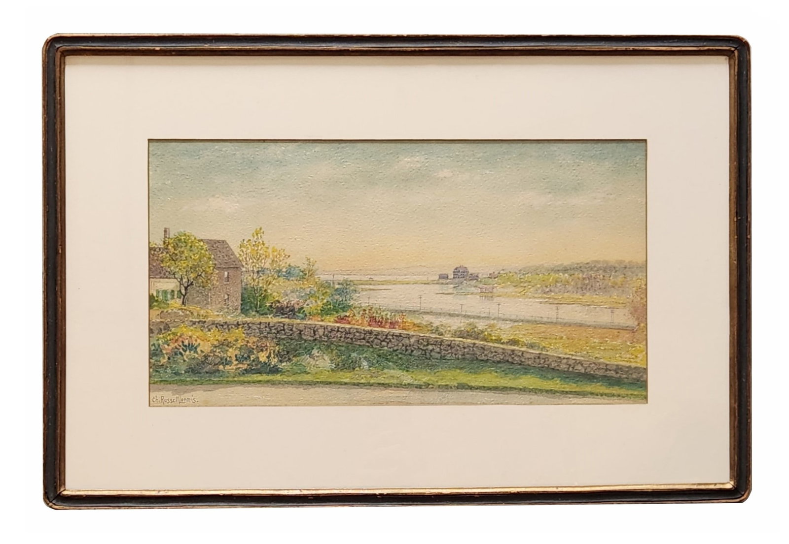 Charles Russell Loomis (1857 - 1936) American: Charles Russell Loomis (1857 - 1936) American Title: Stone Wall Overlooking a River Watercolor on Paper Measure 8 1/2"in H x 15 1/2"in W and 17"in H x 22"in W with frame Known for: Landscape and portr