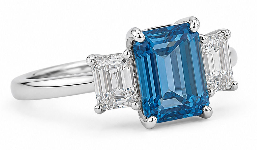 Oscar Friedman 5.95 CTW Fancy Vivid Blue & White Lab Grown Diamond 14K White Gold Three Stone Ring (1 of 8)