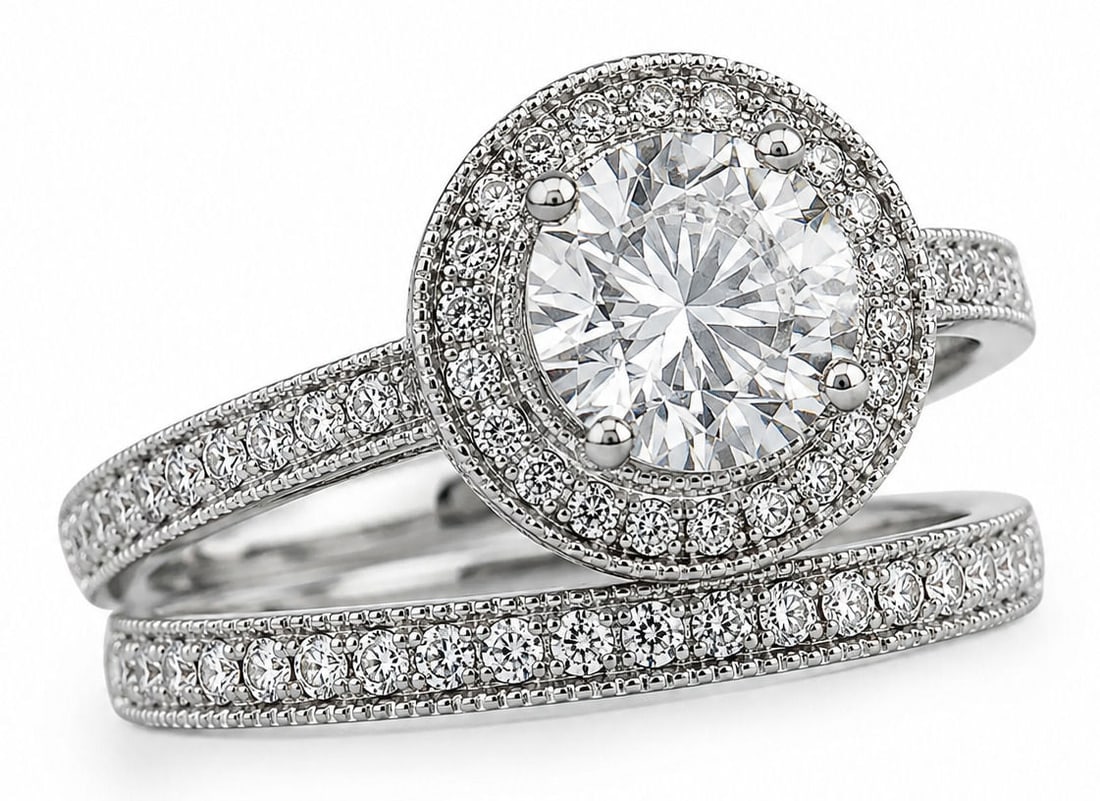3.03 CTW Diamond Halo Engagement Ring & Matching Band Set 14K White Gold: 3.03 CTW Diamond Halo Engagement Ring & Matching Band Set 14K White Gold Size 6 1/2 Weight 8.7g Center Diamond: Shape & Cut: Round Brilliant Cut Carat Weight: 2.00 Carats Color Grade: G Clarity Grade: