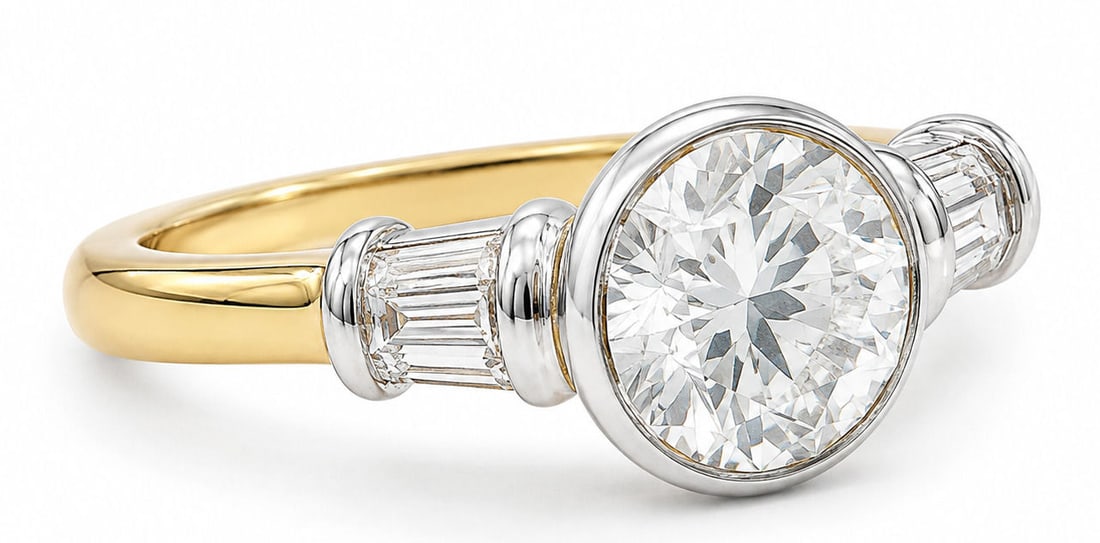 3.44 CTW Round Brilliant & Baguette Diamond Bezel Engagement Ring 18K Two Tone Gold: A two tone 18K gold engagement ring featuring a round brilliant cut center diamond mounted in a full bezel setting. The center stone is flanked by two step cut baguette diamonds set horizontally in wh