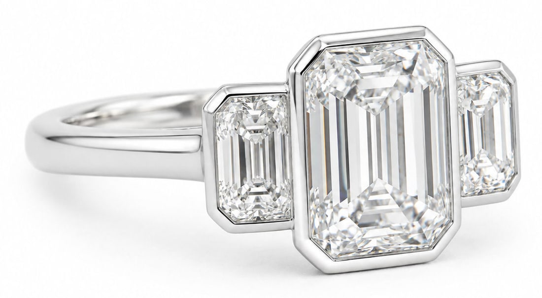 10.56 CTW Three-Stone Emerald-Cut Diamond Bezel Engagement Ring 14K White Gold Oscar Friedman: A three-stone lab-grown diamond engagement ring crafted in 14K white gold by designer Oscar Friedman. The ring features an emerald-cut center diamond framed in a full bezel setting, flanked by two mat
