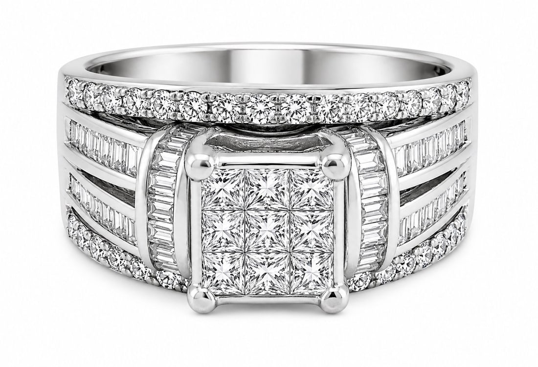 14K White Gold Diamond Cluster Ring Approx. 1.00 CTW Princess, Baguette & Round Diamonds: Metal: 14K White Gold Gemstones: Natural Diamonds Approximate Total Diamond Weight: 1.00 CTW Diamond Cuts: Princess-Cut, Baguette-Cut, and Round Brilliant-Cut Ring Size: 8 Weight: 4.8 grams