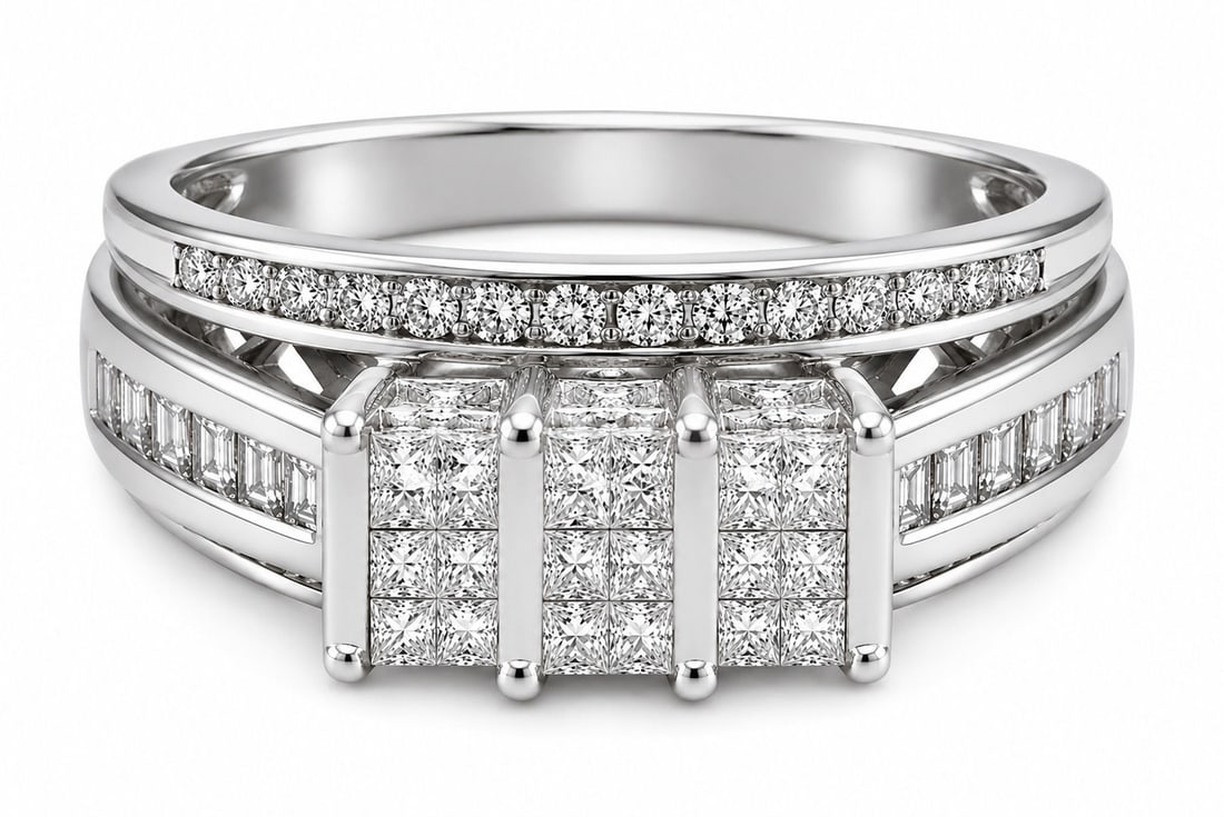 10K White Gold Diamond Cluster Ring Approx. 0.75 CTW Princess & Baguette Diamonds: Metal: 10K White Gold Gemstones: Natural Diamonds Approximate Total Diamond Weight: 0.75 CTW Diamond Cuts: Princess Cut, Baguette Cut, and Round Brilliant-Cut Ring Size: 9 Weight: 6.2 grams