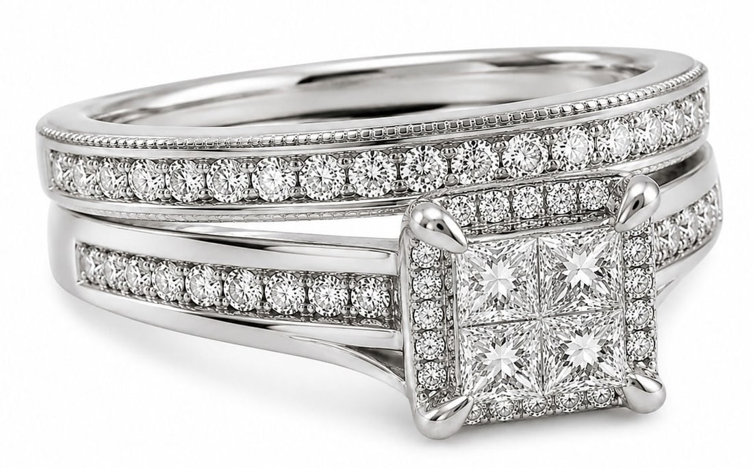 14K White Gold Diamond Bridal Ring Set Princess-Cut Cluster Center, Approx. 1.00 CTW (1 of 5)