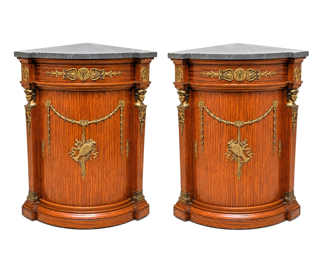 Pair of 19th Century Empire Style Mahogany, Ormolu and Marble Corner Cabinets (1 of 11)