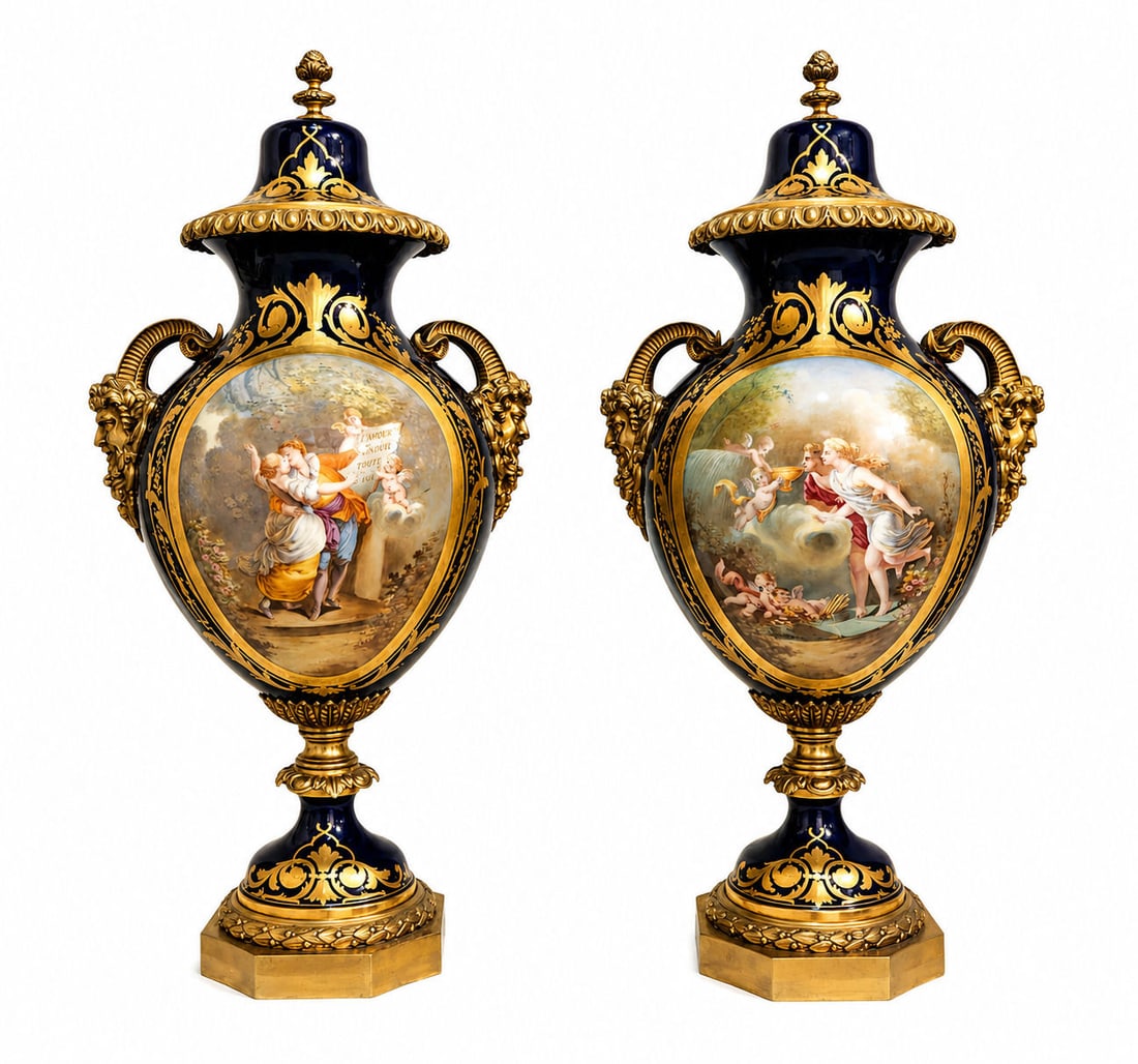 Pair of Antiques French Exceptionals Hand Painted Sevres Porcelain Vases: Pair of Antiques French Exceptionals Hand Painted Sevres Porcelain Vases Having scenic panels of courting couple with cupids, and having bronze mounts Measure 26 1/2"in H x 13"in W Bottom Measure 7"in