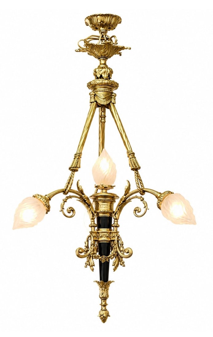 French Louis XVI Style Gilt Bronze Chandelier with Etched Glass Shades: Refined French Louis XVI style chandelier crafted in gilt bronze, exhibiting elegant neoclassical design elements. The fixture features a symmetrical arrangement of gracefully scrolling arms adorned w