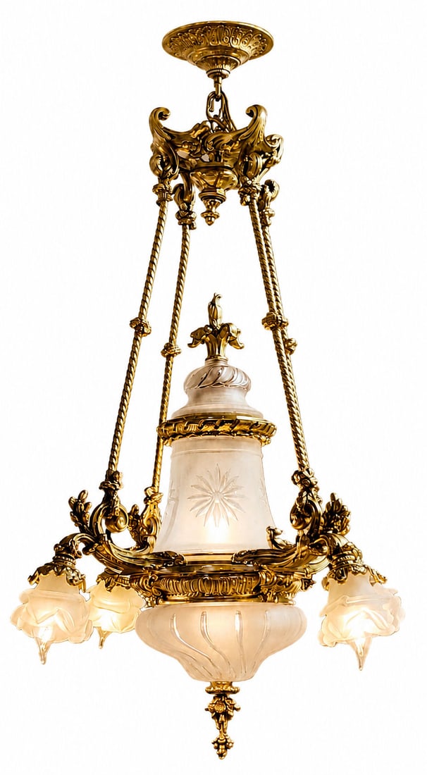 French Louis XVI Style Gilt Bronze and Frosted Glass Chandelier (1 of 6)