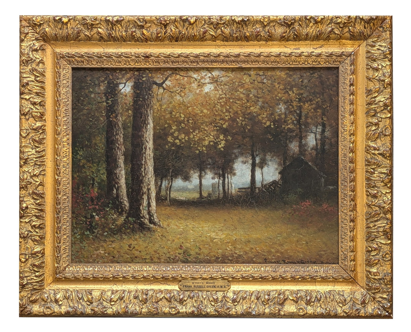 Frank Russell Green (1856 - 1940) American: Frank Russell Green (1856 - 1940) American Title: Wyant's Woods Oil on Canvas Measure 11 1/2"in H x 15 1/2"in W and 17 1/2"in H x 21 3/4"in W x 1 3/4"in D framed Known for: Rural genre scene, figure a