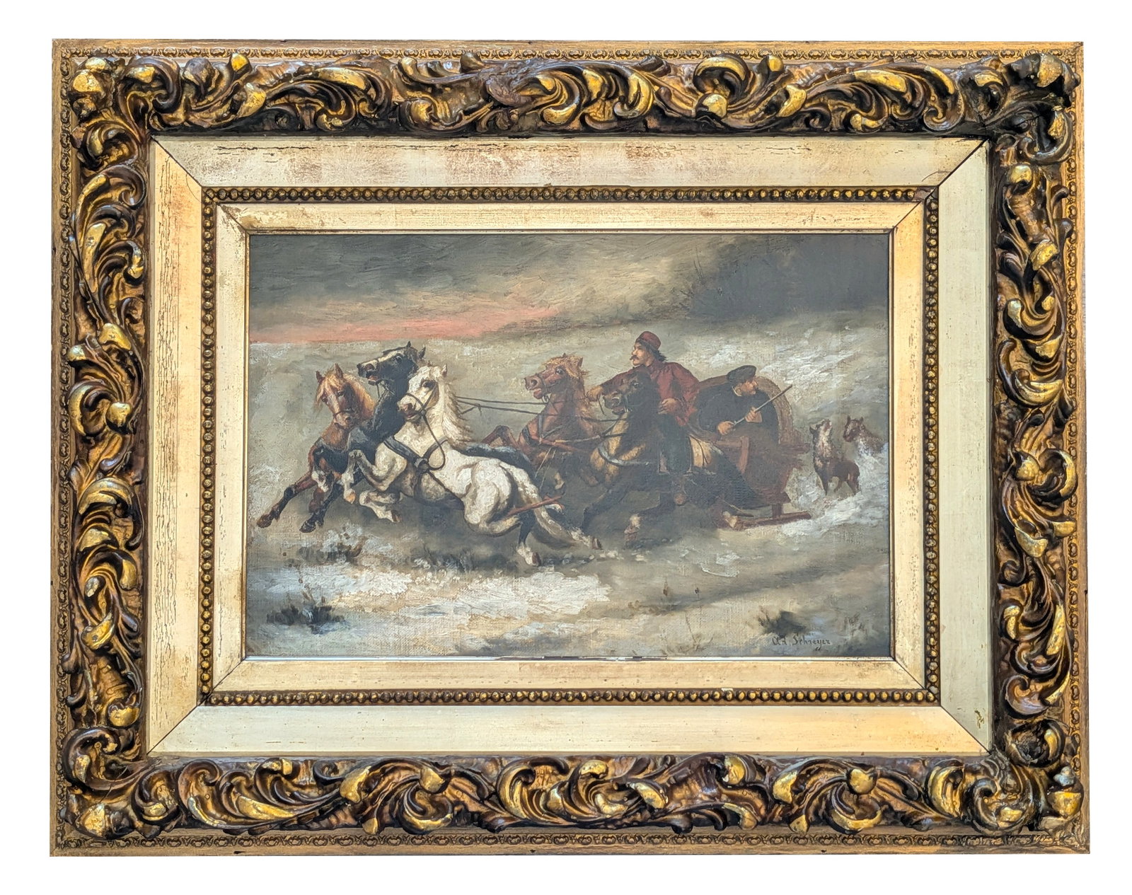 Adolph Schreyer ( 1828 - 1899 ) Germany: Adolph Schreyer ( 1828 - 1899 ) Germany Oil on Canvas Measure 12 1/4"in H x 18"in W and 22 1/4"in H x 28"in W x 4"in D framed Known for: Painting Arabian warrior genre Biography: Adolf Schreyer was bo
