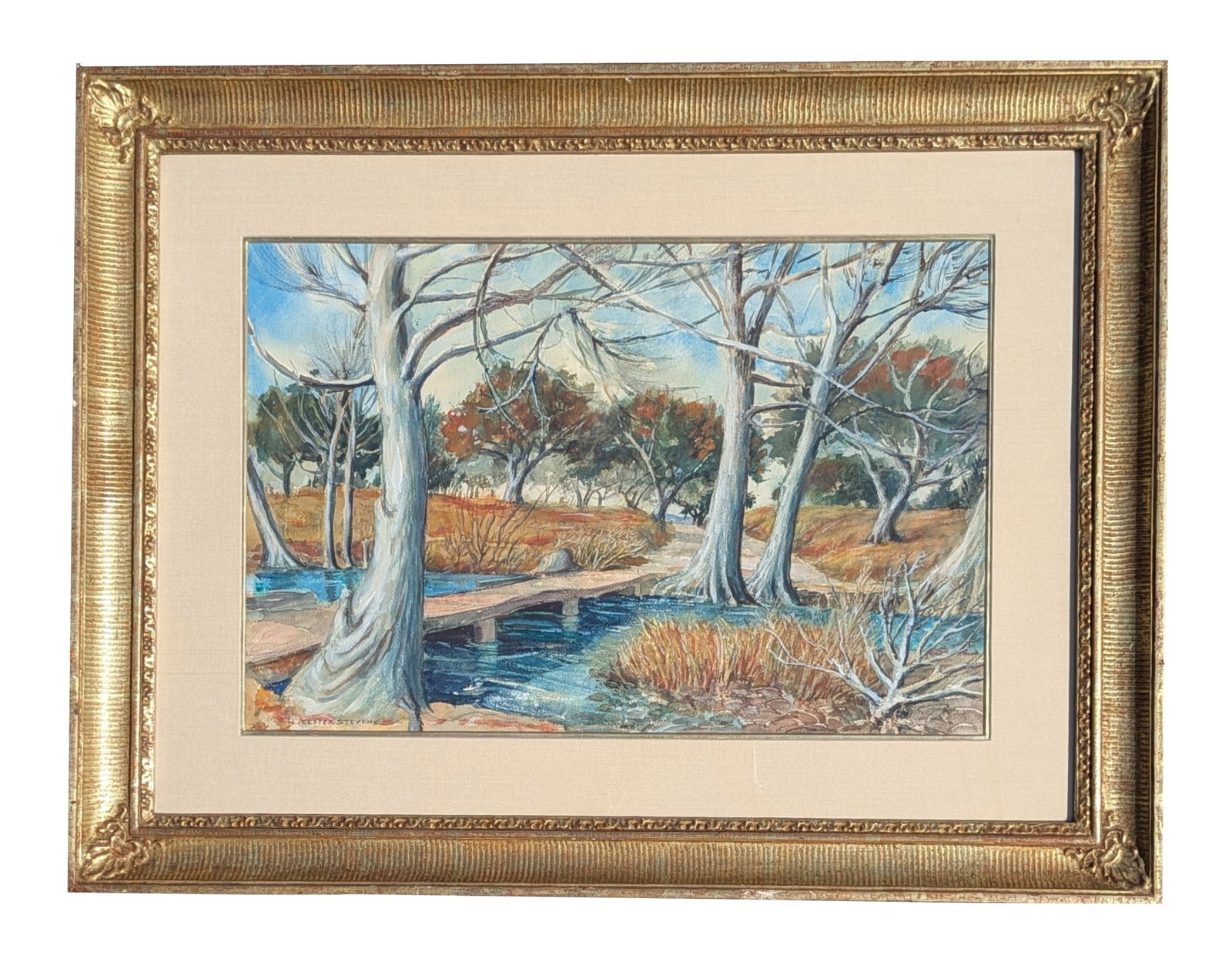 William Lester Stevens (1888 - 1969) American: William Lester Stevens (1888 - 1969) American Watercolor on Paper Measure 13 1/2"in H x 20 3/4"in W and 23"in H x 30 1/4"in W x 1 1/4"in D Known for: Landscape, marine, genre and still life painting, 
