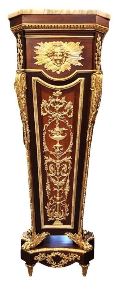 French Louis XVI Style Marble and Ormolu Mounted Pedestal with Marquetry After Jean-Henri Riesener: French Louis XVI Style Marble and Ormolu Mounted Pedestal with Marquetry After Jean-Henri Riesener Finely crafted French Louis XVI pedestal featuring intricate marquetry panels, gilt bronze (ormolu) a