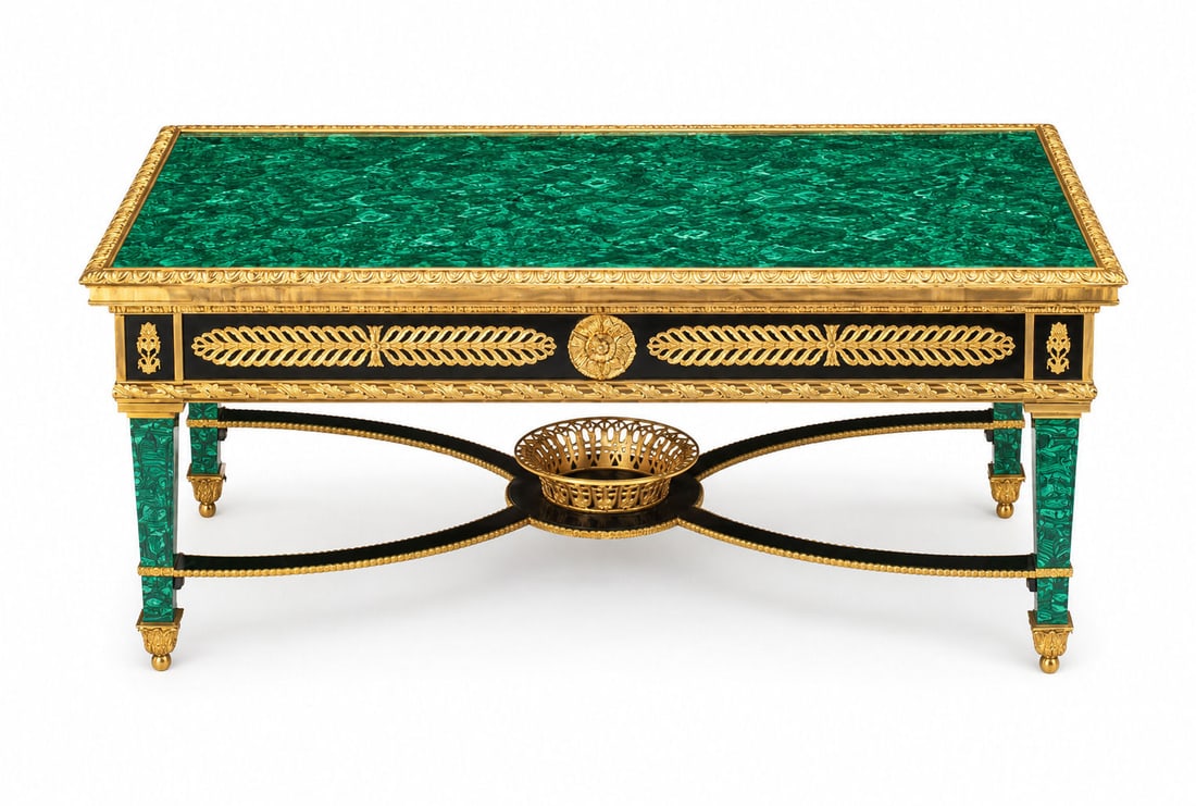 Italian Neoclassical Table with Malachite Top, Malachite-Clad Legs, and Gilt Bronze Ornamentation: An exceptional Italian malachite and gilt-bronze Neoclassical table, featuring a richly patterned malachite inset top within an elaborately cast gilt-bronze border of acanthus and tongue-and-dart mold