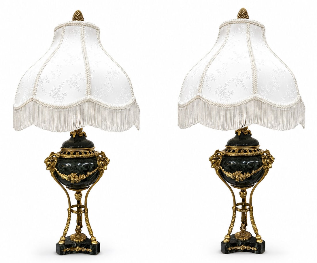 Antique Pair of Louis XVI Style Marble and Gilt Bronze Urns Table Lamps with Heads of Rams: Antique Pair of Louis XVI Style Marble and Gilt Bronze Urns Table Lamps with Heads of Rams Measure 33"in H x 6"in W x 6"in D