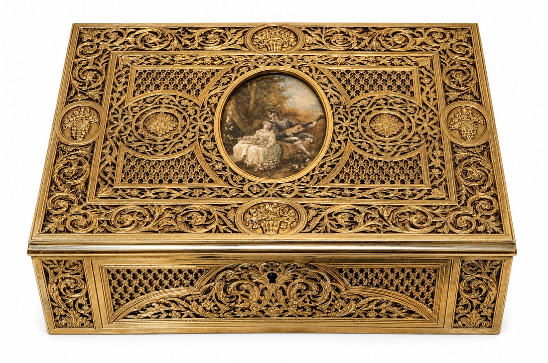 Antique Brass Box with Miniature Painting, Signed Pinto: An antique brass rectangular box, finely worked with ornate pierced and engraved floral patterns. The lid is centered with an oval hand-painted miniature depicting a courting couple in a pastoral scen