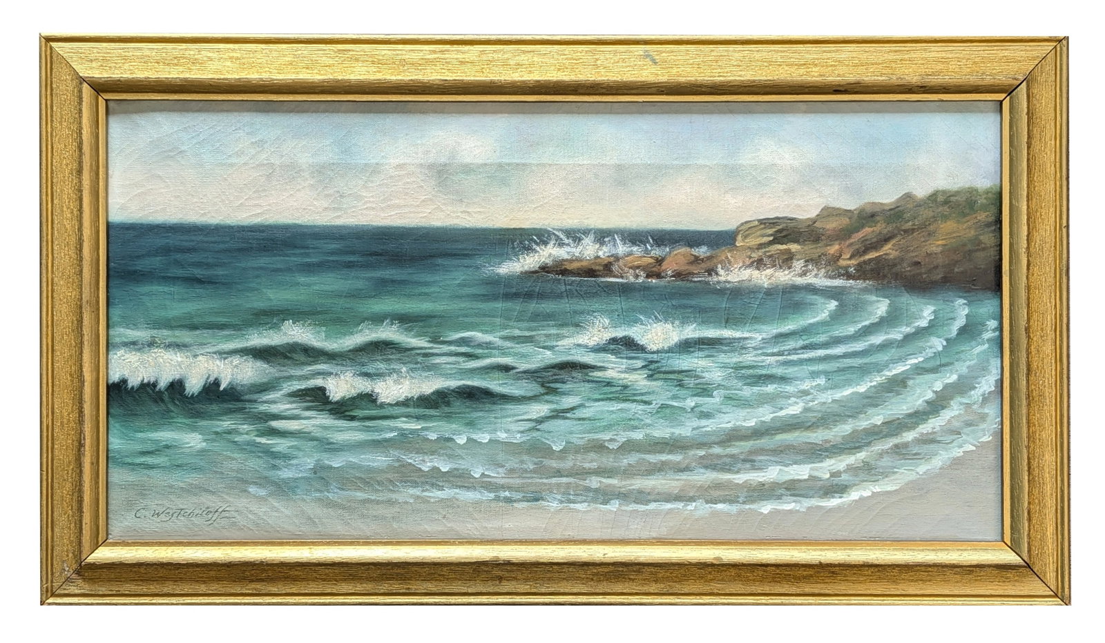 Constantin Westchiloff ( 1877 - 1945 ) Russia: Constantin Westchiloff ( 1877 - 1945 ) Russia Oil on Canvas Measure 9 3/4"in H x 20"in W and 12 3/4"in H x 22 3/4"in W framed Known for: Landscape, seascape, figure, genre painting Biography: Russian 