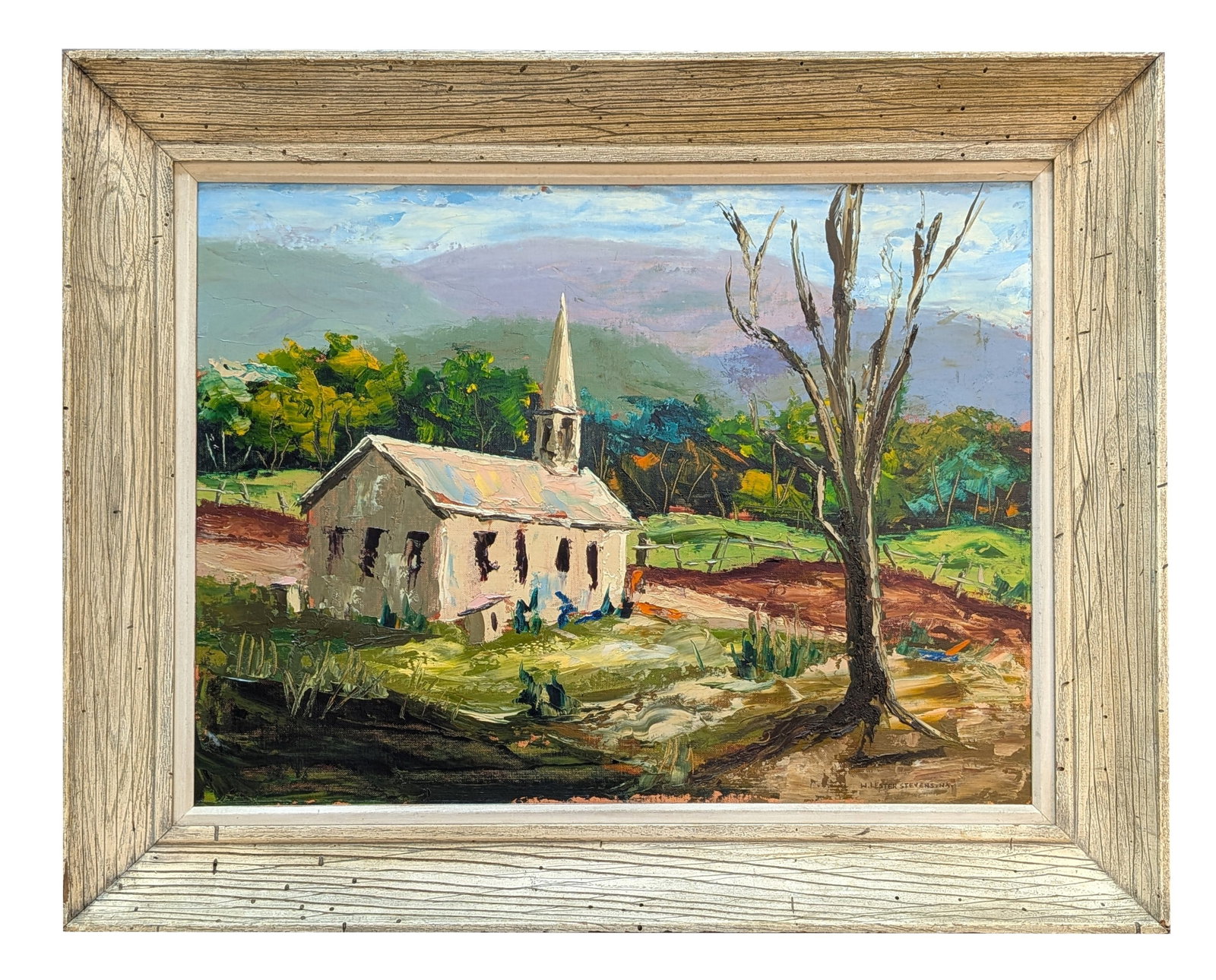 William Lester Stevens (1888 - 1969) American: William Lester Stevens (1888 - 1969) American Oil on Cardboard Measure 20"in H x 25 1/4"in W and 24"in H x 30"in W x 1 3/4"in D framed Known for: Landscape, marine, genre and still life painting, teac