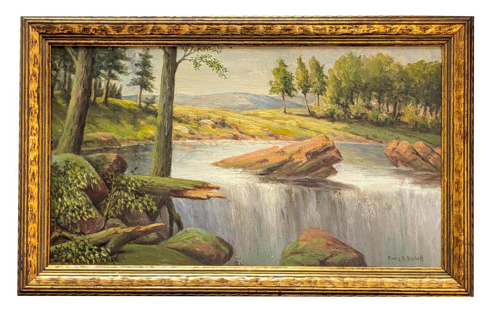 Franz Arthur Bischoff (1864 - 1929) Austria: Franz Arthur Bischoff (1864 - 1929) Austria Oil on Cardboard Measure 10 3/4"in H x 19"in W and 13 3/4"in H x 22"in W framed Known for: Landscape, still life and harbor view painting Biography: Franz A