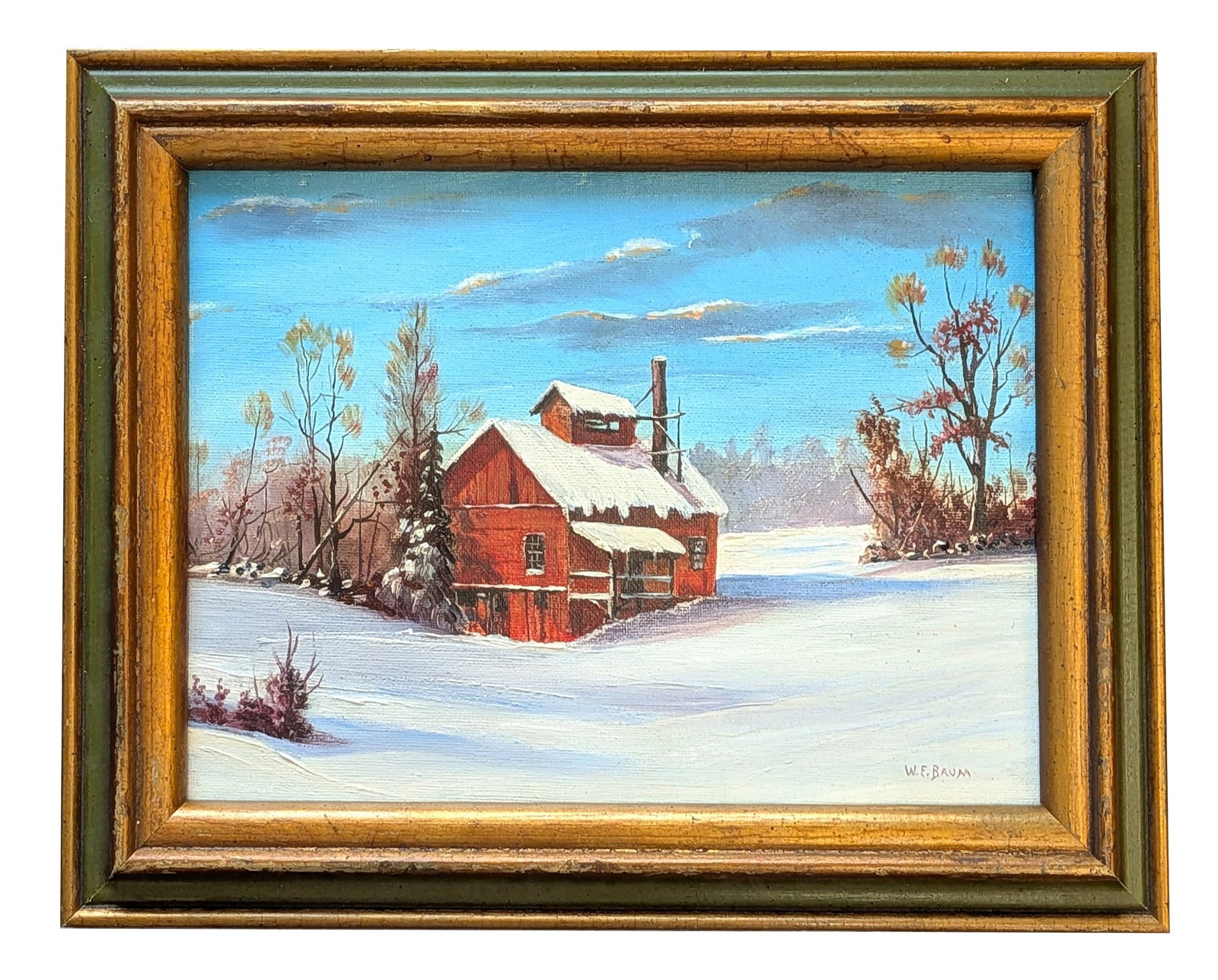 Walter Emerson Baum (1884 - 1956) American: Walter Emerson Baum (1884 - 1956) American Oil on Board Measure 8 1/2"in H x 11 1/4"in W and 12"in H x 14 3/4"in W x 1 1/2"in D framed Known for: Landscape rural, snow, and townscape painting Biograph