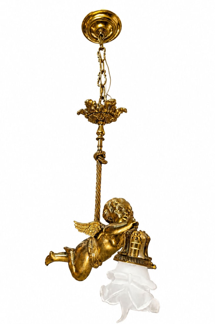 French Bronze Cherub Single Light Pendant Chandelier with Frosted Glass Shade: An ornate 19th century French gilt bronze single light pendant chandelier featuring a finely detailed winged cherub (putto) suspended mid flight. The cherub holds a decorative brass fitter holding a f