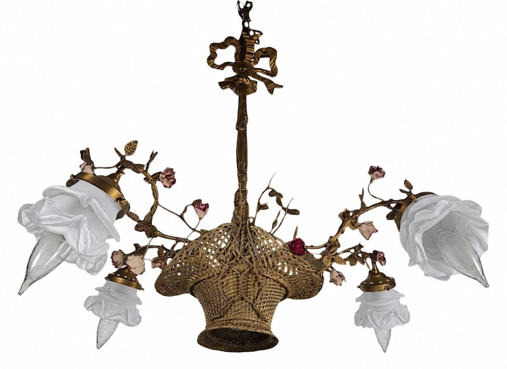 French Gilt Bronze and Porcelain Flower Basket Chandelier: An elaborate French gilt bronze four light chandelier modeled in the form of a woven floral basket. Suspended from a ribbon and bow motif stem, the woven-basket central body erupts into gilt foliage, 
