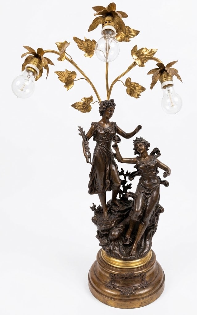 French Art Nouveau Spelter & Bronze Figural Table Lamp Ernest Rancoulet (1870?1915): An impressive late 19th / early 20th century French Art Nouveau figural table lamp featuring a patinated sculpture titled " La Fecondite de la Terre par l'Onde " (The Fertility of the Earth by the Wav