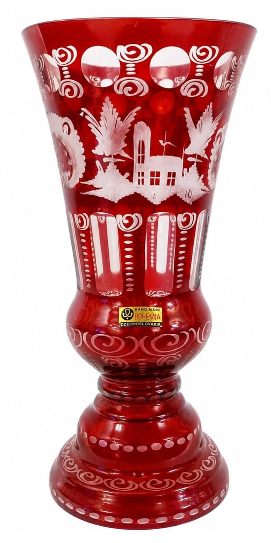 Bohemian Ruby Cut to Clear Glass Vase with Etched Architectural and Bird Motifs (1 of 3)