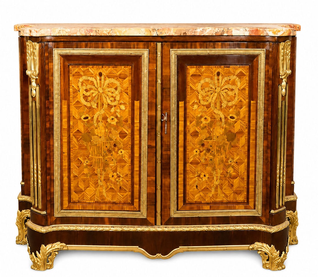 French Transitional Louis XV Style Marquetry & Ormolu Mounted Marble Top Commode / Credenza (1 of 5)