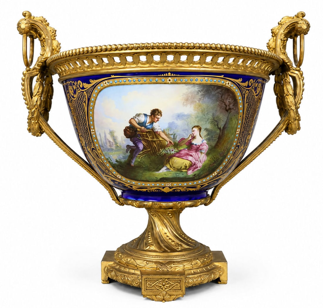 Fine French Sevres Style Hand Painted Porcelain & Ormolu Mounted Centerpiece Urn: An exceptional 19th century French Sevres style cobalt blue porcelain centerpiece urn (coupe), richly embellished with fine gilt bronze (ormolu) mounts and retaining a Christie's auction label on the 