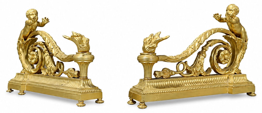 Pair of French Louis XV / XVI Style Gilt Bronze Figural Cherub Chenets ( Andirons ) (1 of 5)
