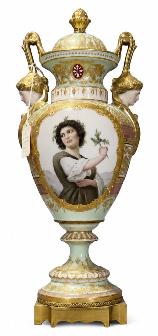 Royal Vienna Style Hand Painted Lidded Urn Vase Titled "Distel": An elaborate late 19th century Royal Vienna style porcelain lidded urn vase featuring a mint green ground lavishly detailed with raised gilding, magenta Greek key borders, and intricate foliate cartou
