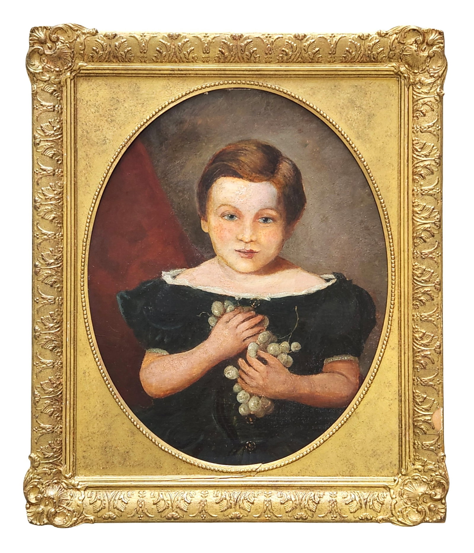 19th Century Style American School Oil Painting Portrait of Young Girl with Grapes in Gilt Frame: Charming oil painting depicting a young boy holding a cluster of grapes, rendered in a soft, classical style reminiscent of 19th-century European portraiture. The subject is shown in a three-quarter p