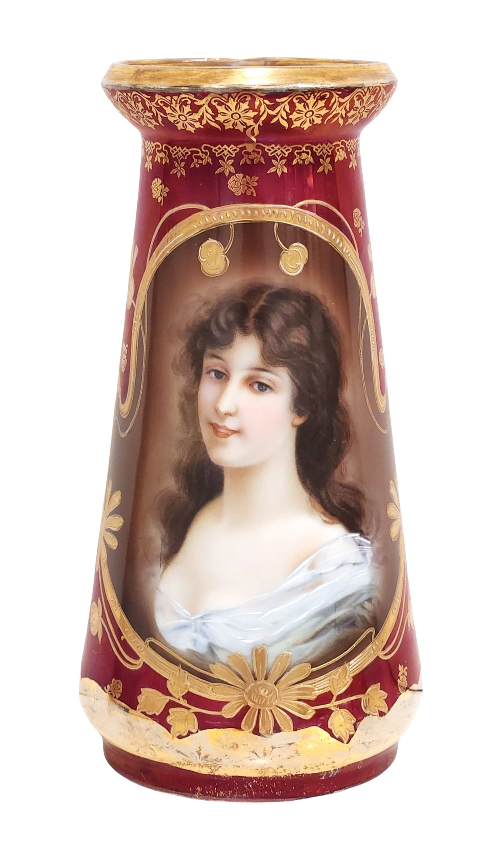 Royal Vienna Hand-Painted Portrait Vase with Gilt Decoration: A fine Royal Vienna porcelain vase featuring a hand-painted portrait of a young woman in soft tones, framed within a gilt floral medallion. The body is richly decorated with allover gilt floral motifs