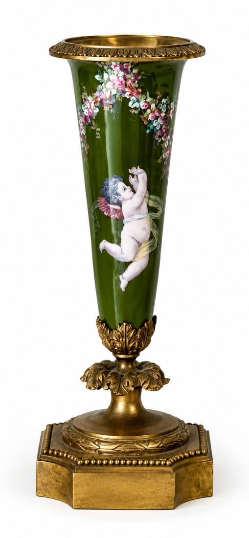 Antique French Green Enamel Vase with Cherub Ormolu Base: A charming and finely detailed antique French green enamel vase featuring a beautifully hand-painted cherub surrounded by floral garlands. The tapered body is finished in a rich emerald green enamel w