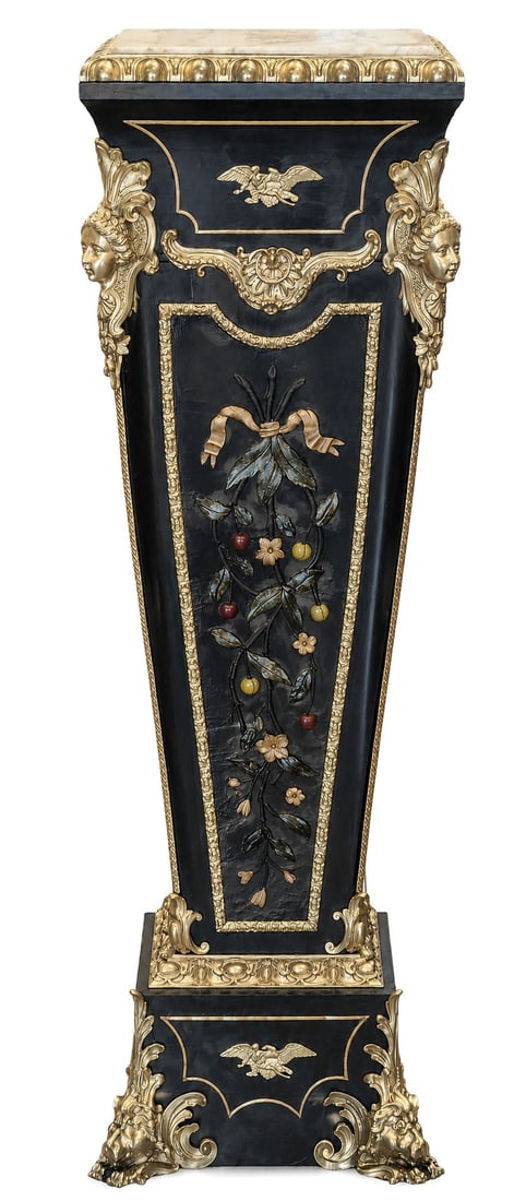 French Empire Gilt Bronze Mounted Pedestal with Marble Top and Floral Inlay, 19th Century: Elegant 19th-century French Empire pedestal, finely decorated with gilt bronze mounts and detailed floral inlay. The tapering body features a central floral garland with colorful inlaid stones framed 