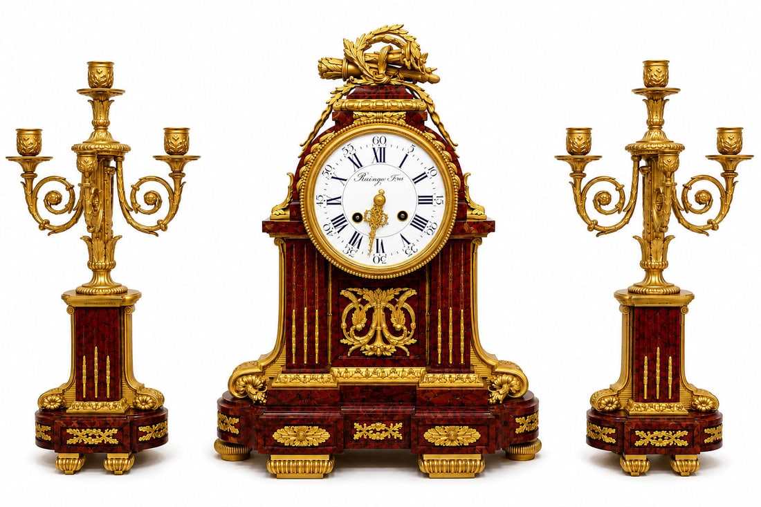 19th Century French Louis XVI Style Garniture Gilt Bronze Clock Set (1 of 9)