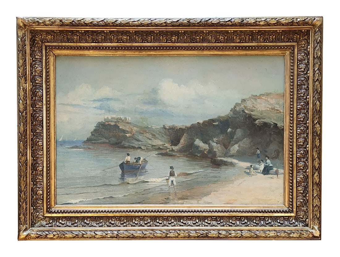 Antique French School Painting Coastline with Fishing Boat and Family: Antique French School Painting Coastline with Fishing Boat and Family Oil on Canvas Illegible Signature - Mystery Artist - Unknown easure 15"in H x 23 1/4"in W and 22 1/2"in H x 30 3/4"in W with frame